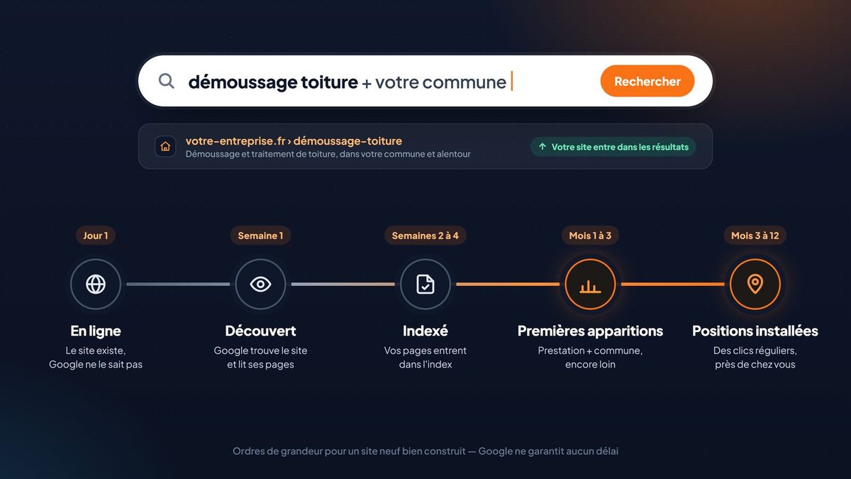 Une barre de recherche au-dessus d'une frise en cinq étapes, de la mise en ligne d'un site jusqu'à ses positions installées sur Google.