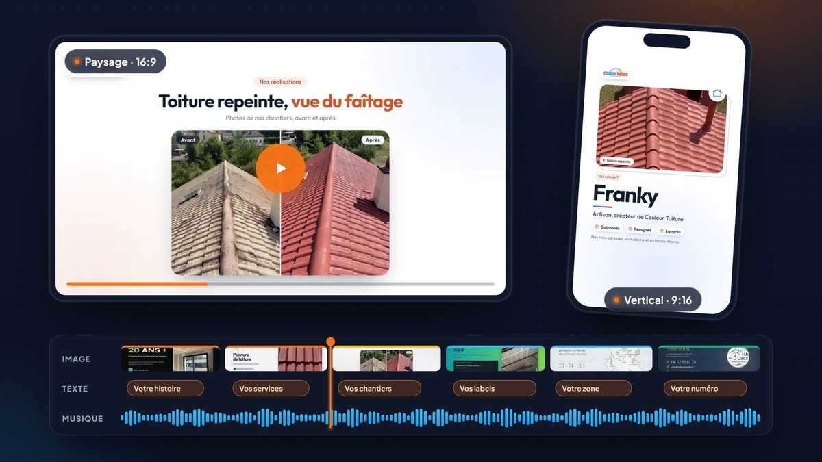 Le film d'une entreprise de toiture, avant et après, en format paysage et en format vertical sur un téléphone, au-dessus d'une table de montage avec ses pistes image, texte et musique.